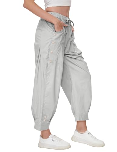 Women Wide Leg Capri Pants Drawstring Elastic Waist Lounge Pants Baggy Cinch Bottom Cropped Trousers with Pockets