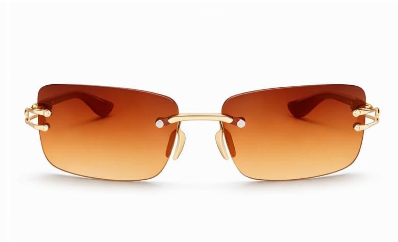 Image of FAVELA Premium Rimless Rectangular Sunglasses for Men & Women | Gold Tinted Luxury Eyewear | Lightweight Metal Frame | UV400 Protected Stylish Goggles | Medium Size