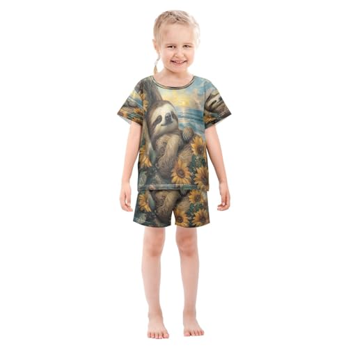 ALAZA Sloth Ocean Beach Sunflower Pajamas Set Short Sleeve Cotton Sleepwear Summer Pjs 2 Piece 5-14Y3