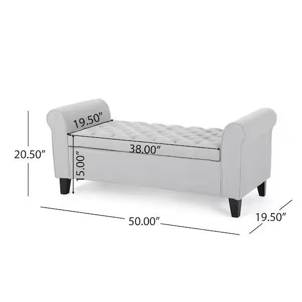 Image of Storage Ottoman Bench with Armrest | Upholstered Tufted Sofa Bench with Hidden Storage | Bedroom Living Room Entryway Seating | Modern Lounge Bench Footrest Seat with Lift Top | Silver Fabric