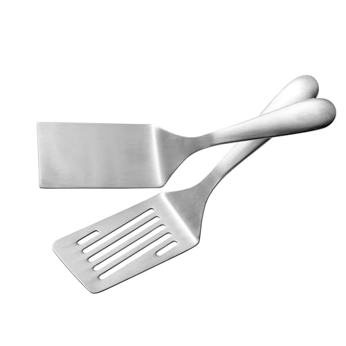 IMEEA Small Metal Spatula Set 10-Inch, SUS304 Stainless Steel Flat & Slotted Turner for Eggs, Pancakes, Sandwiches, Compact Kitchen Spatula Set of 2