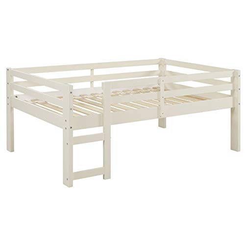 Walker Edison Wood Twin Low Loft Bunk Kids Bed Bedroom with Guard Rail and Ladder, White