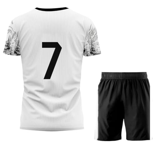 Image of Sports Soccer New Boys Madrd Dragon Fire Print Ronaldo 7 Football Jersey Set with Black Shorts