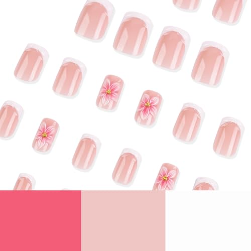 Image of 3D Pink Flower Press on Nails Short Square Fake Nails White French Tip Nail Press ons Floral Charms Glossy Full Cover Stick on Nail for Women Manicure 24Pcs