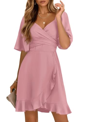 Dokotoo Women's Wrap V Neck 2025 Short Flared Sleeve Smocked Elastic Waist Tiered Belted Ruffle Hem Party Short Dress Cocktail Dress Pink XL