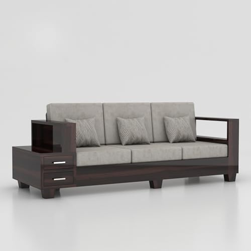 Image of Sheesham Wooden 3 Seater Sofa for Living Room | Solid Wood Sofa with Side Box Storage & Cushion | Rosewood Sofa Set for Home & Office | Lounge (Walnut, 3 Seater)