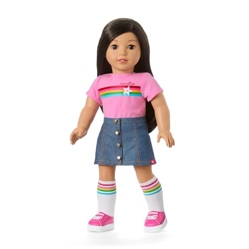 Image of Bundle of American Girl, Truly Me 18-inch Doll #124 with Brown Eyes, Straight Black-Brown Hair, Light-to-Medium Skin, Ages 6+ + Truly Me 18-inch Doll Outfit, Pink & Preppy Outfit, for Ages 6+