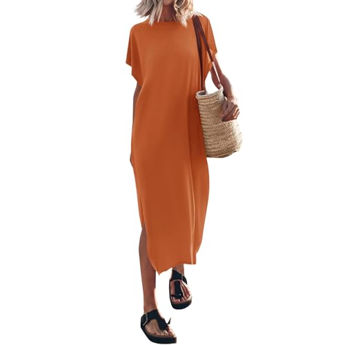 FUPODD Damen Kleider Damenkleider Sommer Musselin Tunika Kleid Midi Blusenkleid Elegant Pareos Und Strandkleider Vintage Maxikleid Boho Strandkleid...