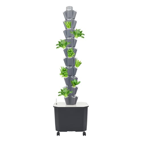 50 Löcher Hydroponic Tower 10 Etagen Tower Growing System Kit Hydroponisches Anbausystem mit Hydratationspumpe und 4 Rollen Garten Hydroponischer Turm mit 40L Wassertank für Obst/Gemüse (Grau)