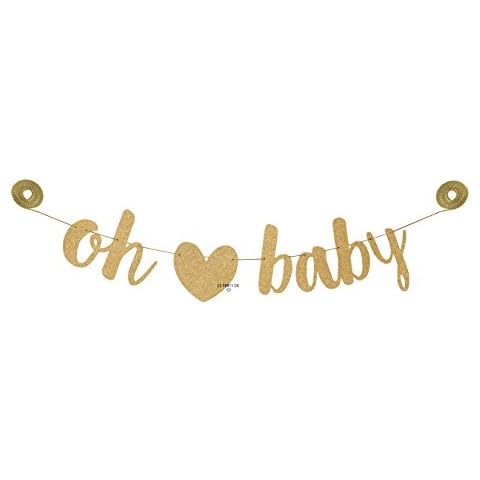 CC Party Co. Oh Baby Gold Glitter Baby Shower Banner Sign with Removable Heart on Gold Twine | baby shower pregnancy announcement | gender reveal party decorations | neutral boy girl sprinkle Cover