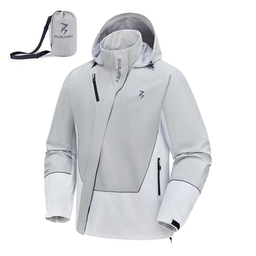 Burjosy Regnjacka herr med huva, packbara regnkläder cykel, ventilerande reflekterande vattentät vindjacka för cykling, golf, vandring, fiske, GRÅ, L
