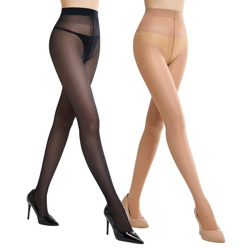 MANZI 2 Pairs Sheer Tights for Women 40 Denier T-Crotch Pantyhose Sheer to Waist Tights High Waist Stockings(1 Pair Black + 1 Pair Natural Nude,S/M)