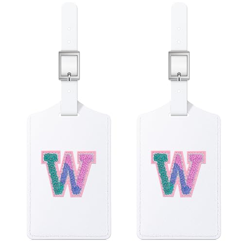 Sodsay 2 PCS Initial Luggage Tag, Luggage Tags for Suitcases Cute Sequin Letter PU Leather Travel Bag Baggage Tags Privacy Cover ID Label for Women Kids Teens Men(W, White Leather+Colorful Letter)