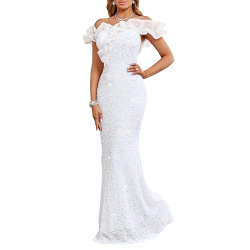 COLOLURA Women Sequin Off Shoulder Ruffle Mermaid Formal Dress Evening Gown
