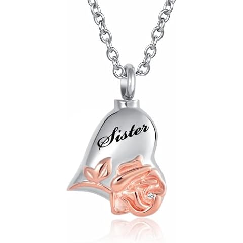 LuxglitterLin Rose Flower Urn Necklace Cremation Jewelry for Ashes Heart Keepsake Memorial Locket Jewelry Engraved Sister Cover