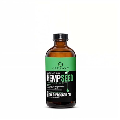 Image of CARAWAY Hemp Seed Oil Cold Pressed | Extracted Using Hemp Hearts Seeds - Omega 3 & Omega 6 in Gold Ratio | Meets all FSSAI standards | For Oral and Topical Use | Glass Bottle - 236 ml
