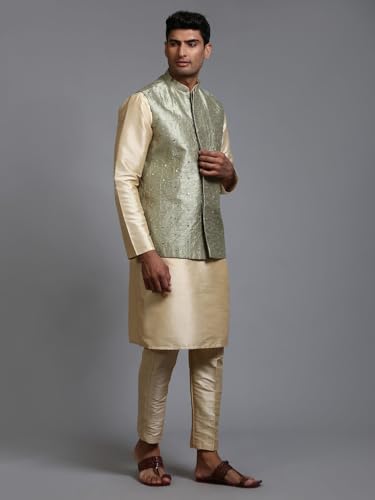 Image of VM Men's Mint Green-AX1 and Gold Silk Blend Jacket, Kurta and Pyjama Set VMMJ217MInKGO001nPANT005GO 38