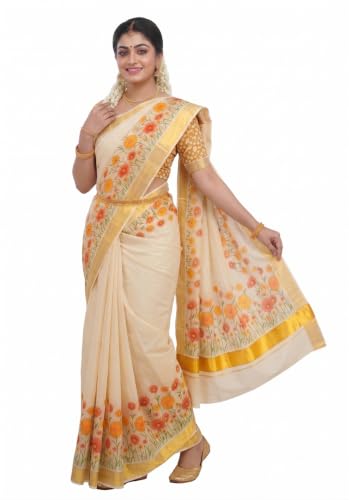 Image of Women's Mural Printed Kerala Gold Tissue Saree with Running Blouse Piece | Traditional South Indian Ethnic Saree for Festivals, Weddings & Special Occasions