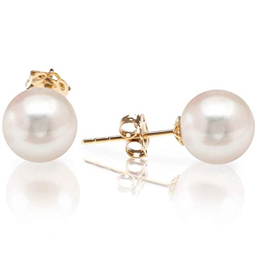 PAVOI 14K Yellow Gold AAA+ Handpicked Round Freshwater Cultured White Pearl Earring | Pearl Earrings for Women - 8.5mm