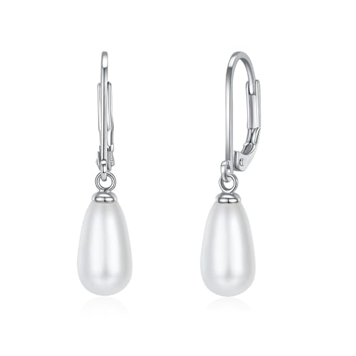 MINDDHA 14K Gold | White Gold Plated Sterling Silver Hoop, AAA+ Quality Simulated Shell Pearl Leverback Dangle Stud Pearl Earrings | Silver Earings, Gold Earrings For Women | Oval and Teardrop Pearl