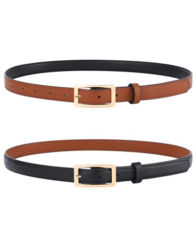 WELROG Skinny Reversible Leather Belt - Women Thin Belt for Dresses Jeans Pants with Gold Buckle