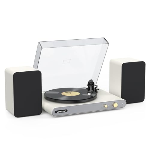 Vinyl Record Player with 40W Bookshelf Speakers and Dual Bluetooth Hi-fi System Turntable with USB Record Built-in Phono Preamp Counterweight Pitch and AT-3600L PU Leather White