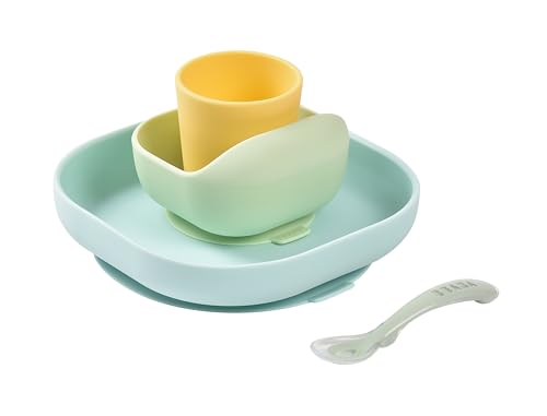 Image of BEABA Silicone 4 Piece Baby Feeding Set, Suction Plates for Baby, High Grade Food Safe Silicone, Pastels