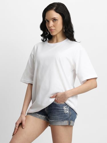 Image of JUNEBERRY Pure Cotton Oversized Baggy Fit Half Sleeve Drop Shoulder Plain Solid Round Neck T-Shirt for Women (Available in Black, White, Lilac, Cork, Maroon, Royal Blue, Swan White, Soap Nut Colors)