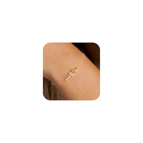 BAYLAY Cross Bracelet for Women - 18K Gold/White Plated Dainty Thin Chain Pearl Double Cross Jewelry - Bridesmaid Gifts