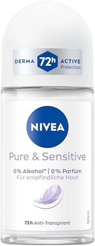 NIVEA Pure & Sensitive Deo Roll-On, Antitranspirant geeignet für empfindliche Haut, parfümfreies Deodorant ohne Ethylalkohol für 72h Schutz (50 ml)