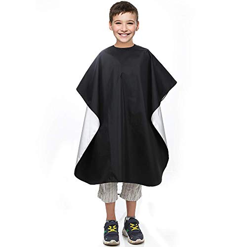 Child Hair Cutting Cape Waterproof Barber Cape Rope Kids Hair Styling Cape Professional Home Salon Camps Kids Barber Cape for Boys Girls Man Women Hair Cutting-Black (1 PCS)