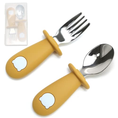 K-BABY couvert bebe ergonomique silicone alimentaire et acier inoxydable - Cuillère Fourchette bébé apprentissage diversification alimentaire - Boite de rangement