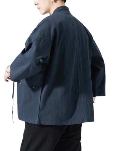 Image of Men's Japanese Kimono Cardigan Loose Cotton Linen 3 /4 Sleeve Open Front Casual Summer Shirt Jackets