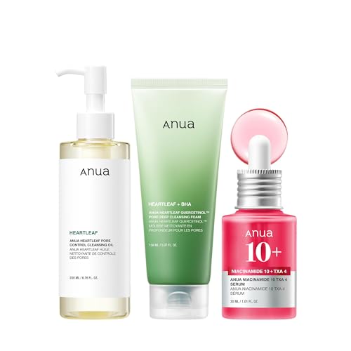Anua Set de Iniciación Glass Skin en 3 Pasos, Aceite Limpiador y Limpiador Facial con Sérum Facial, Rutina Diaria de Doble Limpieza con Niacinamida, Set de Cuidado de la Piel Coreano (Skincare Coreano