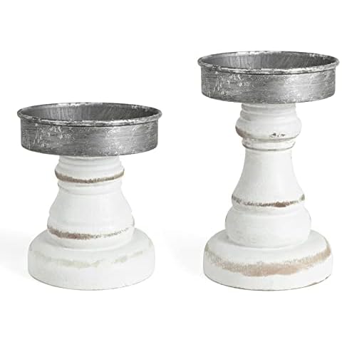 Distressed White Wood & Metal Candle Holder, Set of 2 Modern Farmhouse Candlestick Holder, Farmhouse Table Decor, Rustic Decor for Mantel, Dining Table, Coffee Bar Centerpiece… Cover