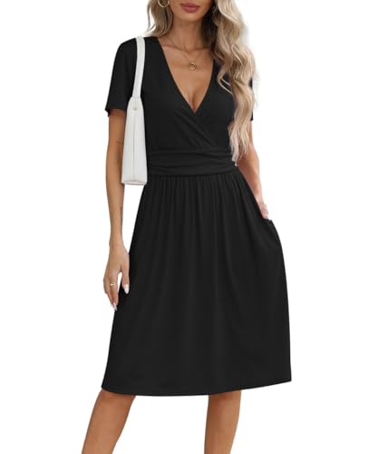 Image of NILOUFO Women's Summer Short Sleeve Casual Dress Wrap V Neck Party Midi Dresses with Pockets