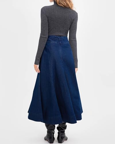 Women's Flowy Denim Skirts A Line High Waist Pleated Long Maxi Midi Flare Jean Skirts4