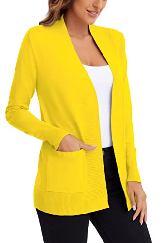 Urban Coco Women's Lightweight Open Front Knit Cardigan Sweater Long Sleeve With Pocket (Lemon Yellow, L) #TOP3