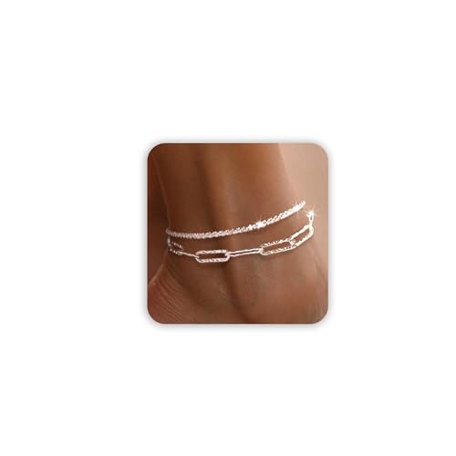Image of Freekiss Sterling Silver Ankle Bracelets for Women: Dainty Layered Waterproof Anklet for Women Adjustable Womens Anklet Set Stackable Figaro Beaded Cuban Link Anklets Beach Jewelry for Women
