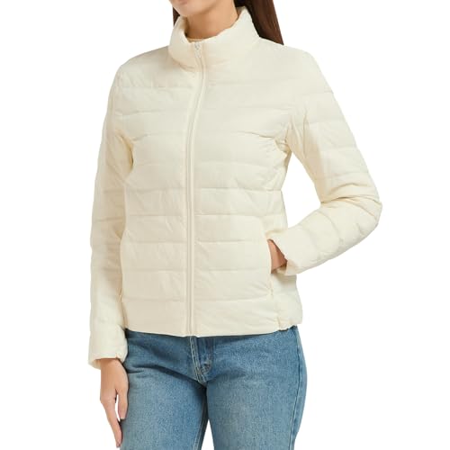 Comfitude Women's Quilted Lightwight Puffer Jacket, Down Jacket Coats with Pockets, Portable Winter Coat with Storage Bag (US, Alpha, Large, Regular, Regular, Apricot)