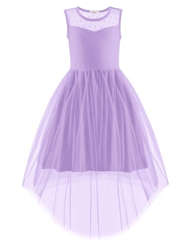 Image of Arshiner Girls Dresses Formal Party Wedding Tulle Sleeveless Contrast Mesh High Low Dress with Belt