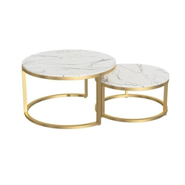 Image of Elegance Iron & Wooden Round Retro Golden Side Tables - Night Stand, Bedside, Sofa Side, Coffee, Centre, Nesting and Bar Table Set of 2 (Golden & White)