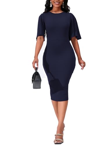 Image of WanMem Womens Basic Bodycon Ruffle Flared Short Sleeve Pencil Midi Dress