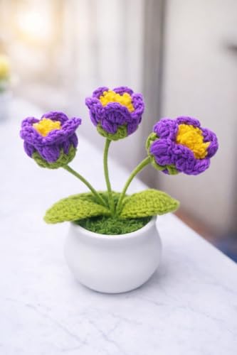 Image of VRB DecTM 1 Pcs Crochet Flowers Artificial Daisy for Office Desk Car Dashboard Decor,Home Decoration, Office, Bedroom, Christmas Decor, Wedding,Diwali (Single Purple Daisy with Pot)