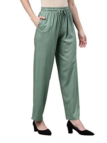 Image of GO COLORS Women Solid Mid Rise Relaxed Fit Viscose Casual Pants