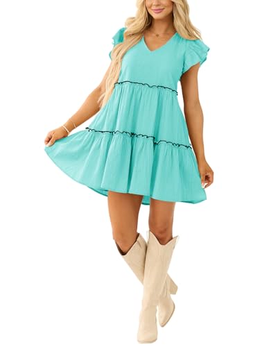 Image of Women's Summer Babydoll Mini Dress V Neck Tie Back Ruffle Sleeve Casual Tiered Loose Flowy Swing Tunic Shift Dress