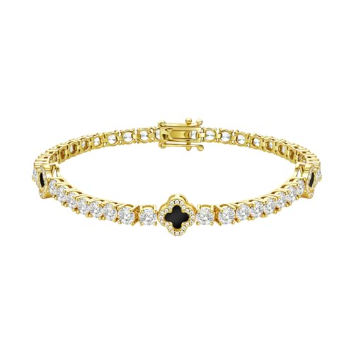 HELLOICE Iced Out Four Leaf Clover Tennis Bracelet 18K Gold Plated Cubic Zirconia 4 Leaf Clover Lucky Bracelet Trendy Jewelry Gift for Women Men
