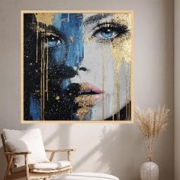 Peinture à l'huile abstraite pour mur vide - Portrait sur toile bleu et or avec cadre inclus