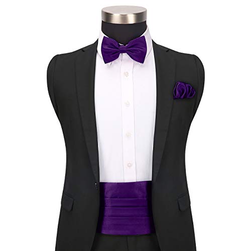 HDE Purple Cummerbund, Bow Tie, Pocket Square for Men Satin Tuxedo Set