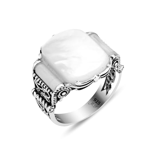Mother of Pearl Gemstone Men Ring, White Shell Ring, Pearl Jewelry, Unique Men's Ring Gift, Father Day Gift, 925k Silver Ring
